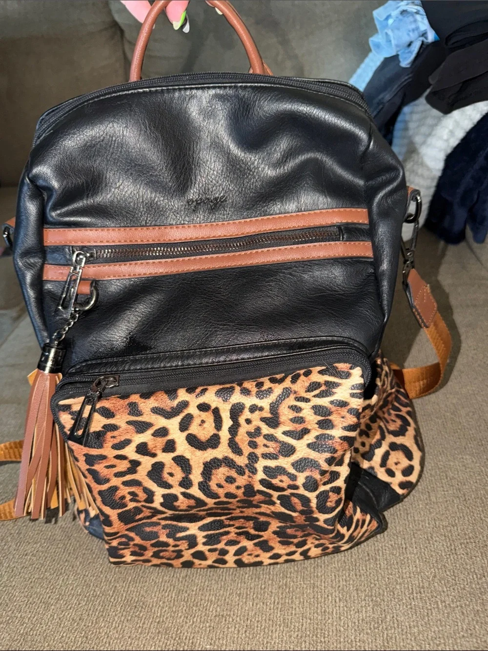 Black & Leopard Print Faux Leather Backpack with Tassel